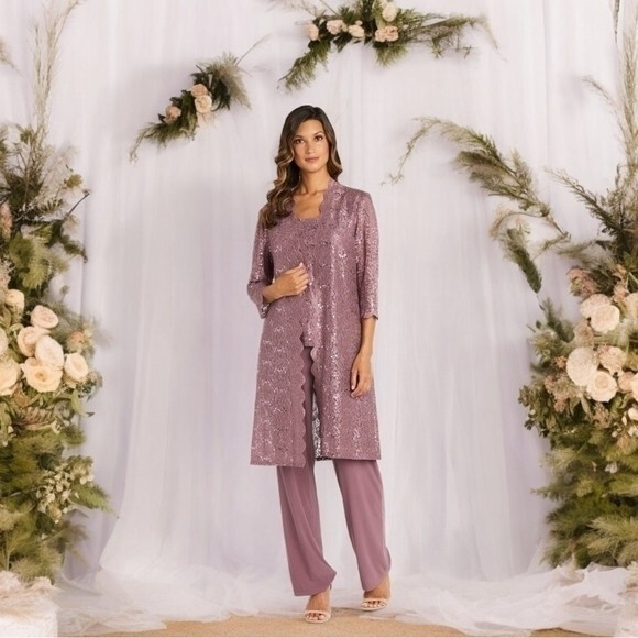 R&M Richards Donna Metallic Lace 3 Piece Pants Set Dark Rose Size 8